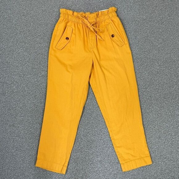 Loft High Rise Paper Bag Straight Leg Crop Pants Yellow Small Elastic Baggy - Picture 6 of 14